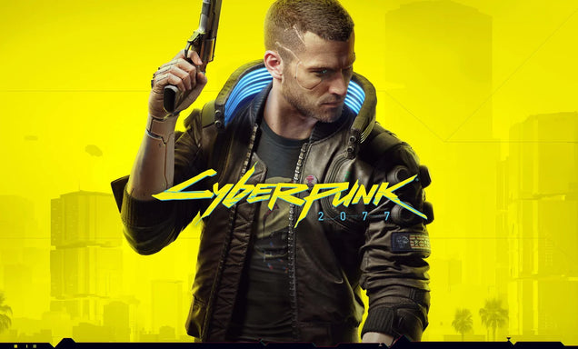 Character from 'Cyberpunk 2077' holding a gun against a yellow background