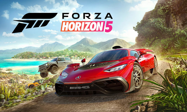 Red sports car on a tropical road with 'Forza Horizon 5' logo above.