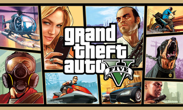 Promotional image for 'Grand Theft Auto V' with character portraits and game elements.