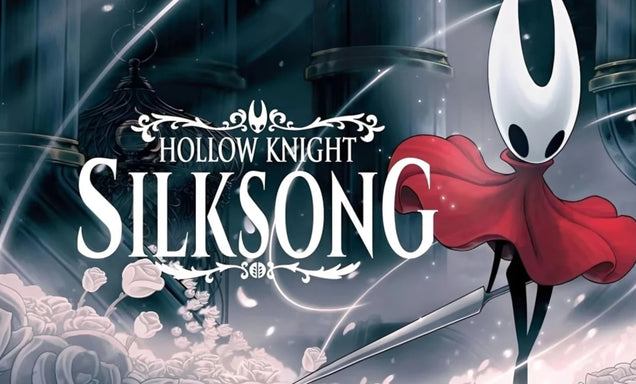 Promotional image for 'Hollow Knight: Silksong' featuring a character with a red cape and white face.