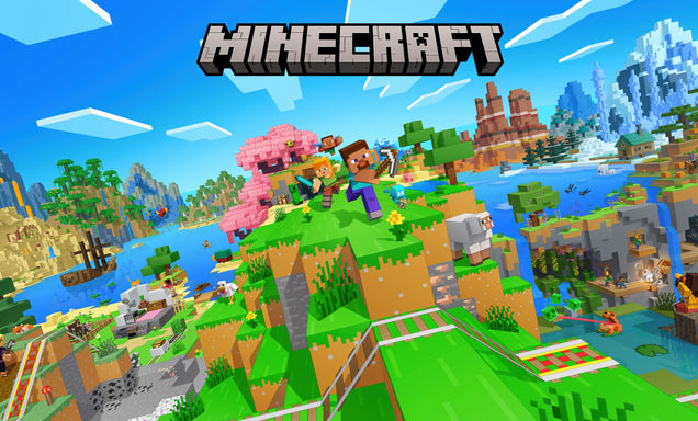 Minecraft game world with characters and landscapes