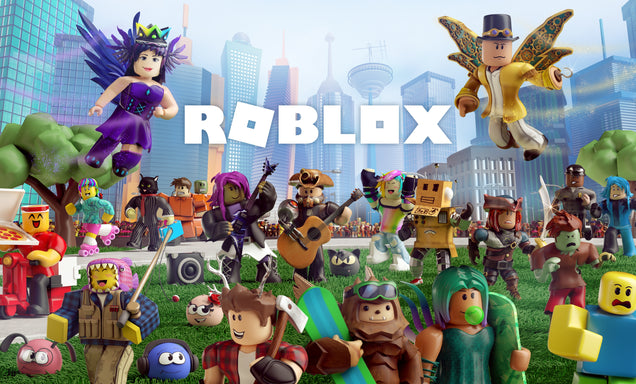 Roblox characters in a cityscape with the Roblox logo prominently displayed.