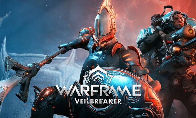 Warframe character with 'Velbreaker' armor in a fantasy setting
