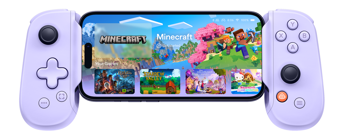 backbone Purple gaming controller with screen displaying Minecraft game interface on a white background