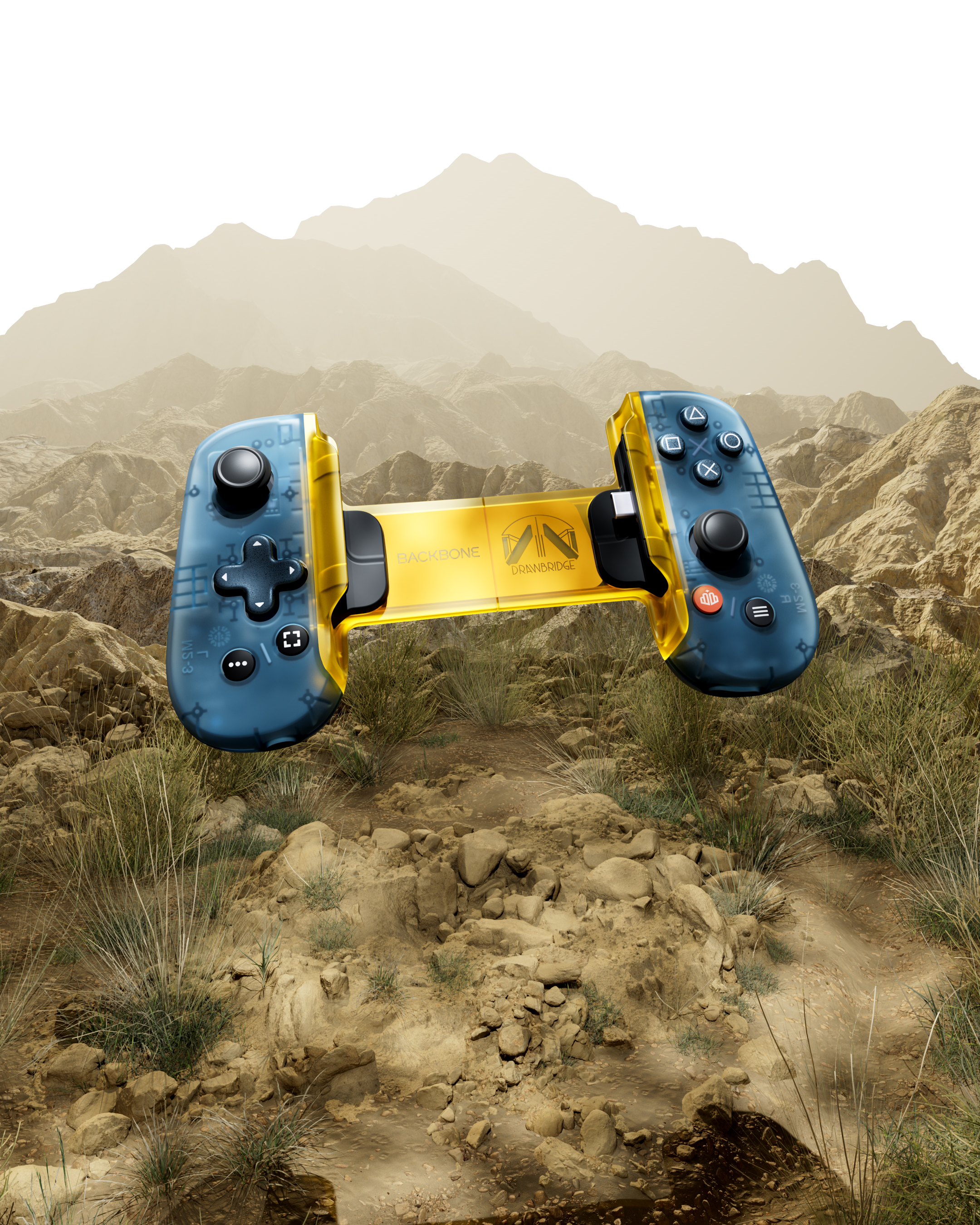 Pair of blue and yellow gaming controllers on a desert landscape