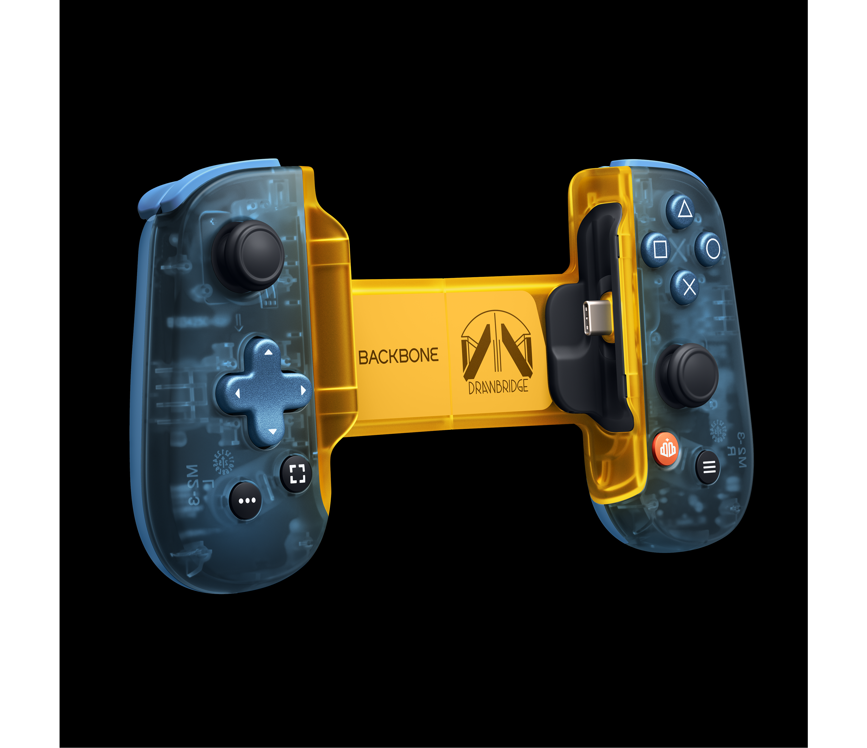 Yellow game controller with blue joysticks on a black background