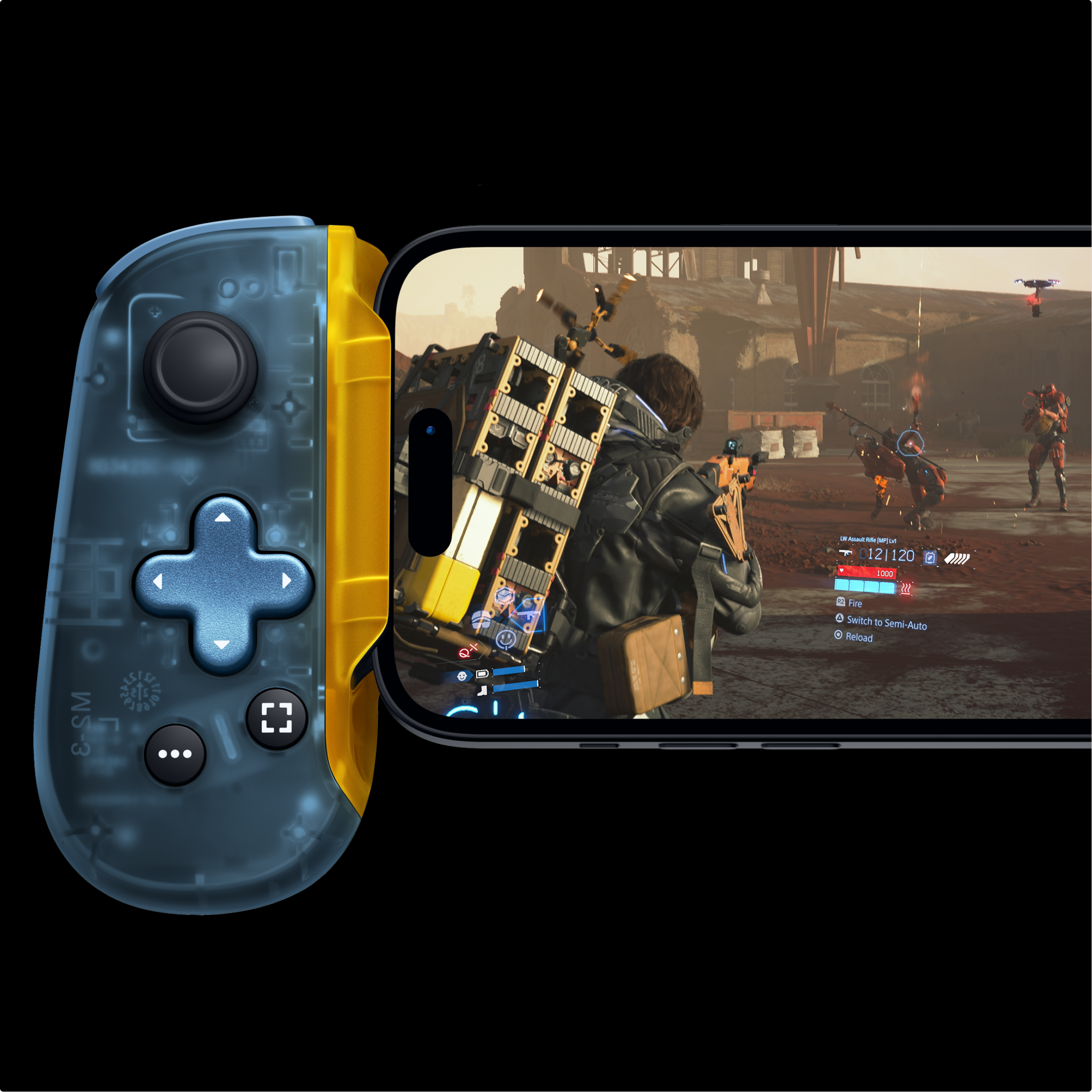 Game controller and smartphone displaying a video game on a black background
