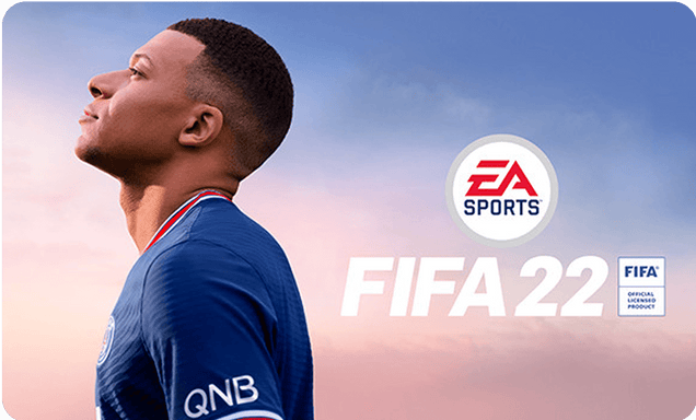 FIFA 22 cover with a player in a blue jersey and EA Sports logo.