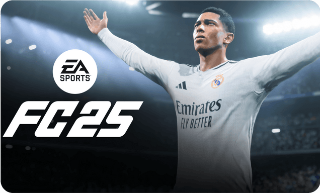 Soccer player in a white jersey with 'Emirates' on it, celebrating with arms outstretched, against a dark background with 'EA Sports FC 25' branding.